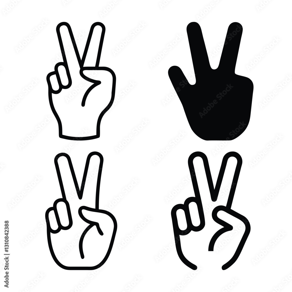 Simple Black and White Hand Gestures Showing Peace and Three Simple Black and White Hand Gestures Showing Peace and Three