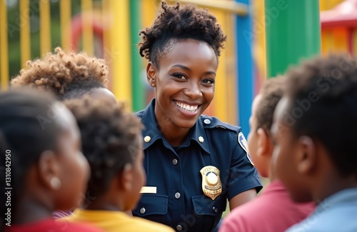 Joyful African-American police officer interacts with diverse group kids on playground, fostering positive relations with law enforcement. Community engagement, support, social programs for children, photo
