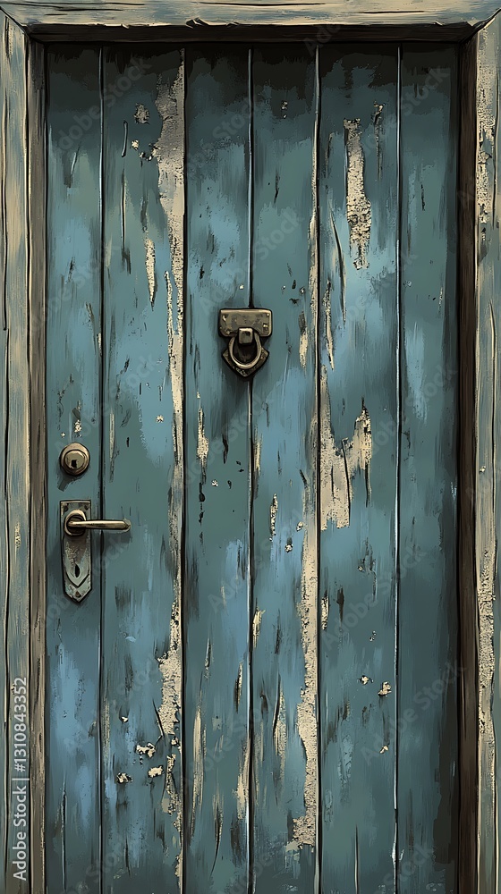 A weathered blue wooden door with a knocker and handle, showing signs of age and wear. A weathered blue wooden door with a knocker and handle, showing signs of age and wear.