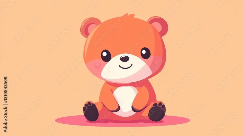 Naklejka premium A cute cartoon bear is sitting on a soft pink surface