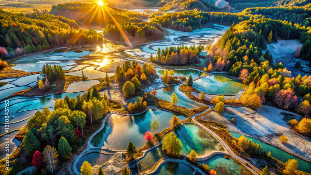 Fototapeta premium Breathtaking aerial view of serene water bodies surrounded by lush forests, showcasing vibrant autumn colors and stunning sunrise. Nature beauty is on full display