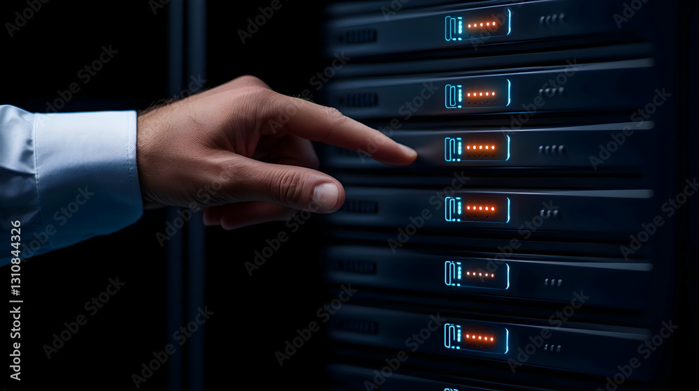 Hand Interacting with Modern Server Rack in Data Center Background Hand Interacting with Modern Server Rack in Data Center Background