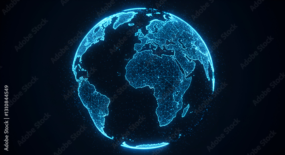 Fototapeta premium Wireframe Globe - Digital Wireframe Globe with Soft Blue Glow