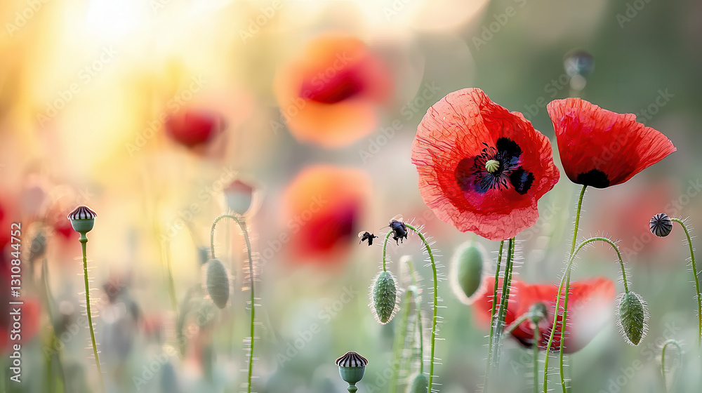 Naklejka premium close up of vibrant red poppies in field, showcasing their delicate petals and intricate details, evoking sense of tranquility and beauty