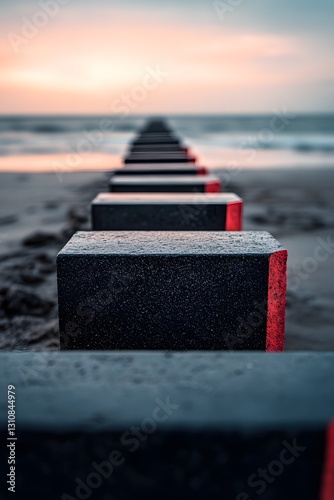 Coastal breakwater at sunset