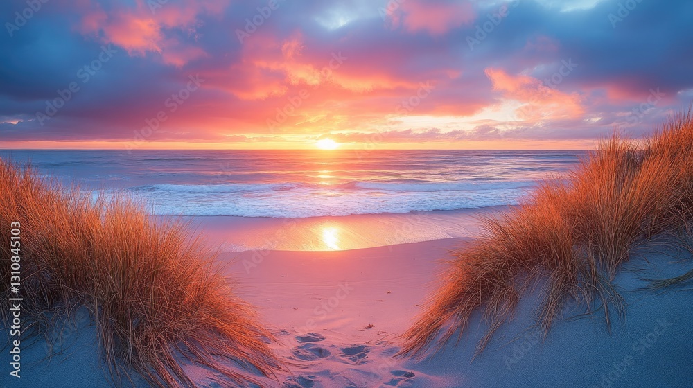 A serene beach scene at sunset, featuring gentle waves lapping against the shore. A serene beach scene at sunset, featuring gentle waves lapping against the shore.