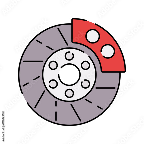 Brake Disc Flat design style, a metallic brake disc with a red caliper, symbolizing braking performance, great for automotive designs, mechanical infographics, and racing-related visuals.