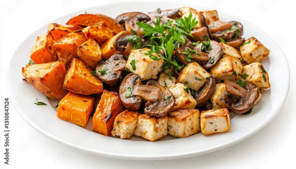 A Delicious Close-Up of Roasted Vegetables and Tofu with Mushrooms on a White Plate, Perfect for a Healthy Vegetarian Meal A Delicious Close-Up of Roasted Vegetables and Tofu with Mushrooms on a White Plate, Perfect for a Healthy Vegetarian Meal