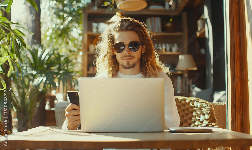 Fototapeta premium Young Man Working on Laptop in Cozy Indoor Space with Plants