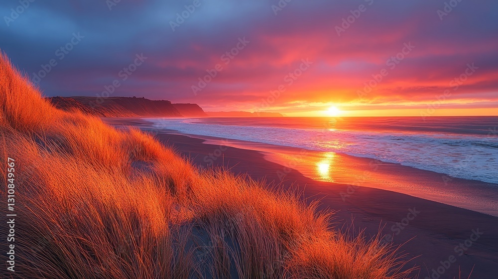 A serene beach scene at sunset, featuring gentle waves lapping against the shore. A serene beach scene at sunset, featuring gentle waves lapping against the shore.