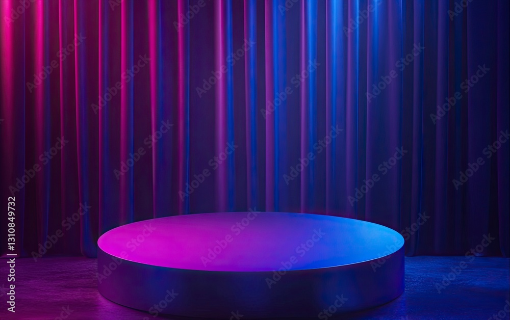 Abstract background podium scene with blue and purple neon light glowing geometric shapes, circular platform for product presentation on a dark curtain backdrop wall. Abstract background podium scene with blue and purple neon light glowing geometric shapes, circular platform for product presentation on a dark curtain backdrop wall.