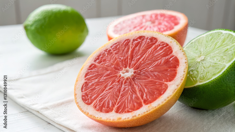 Fresh grapefruit and lime halves on light cloth, showcasing vibrant colors and textures. bright lighting enhances juicy, refreshing appeal of fruits