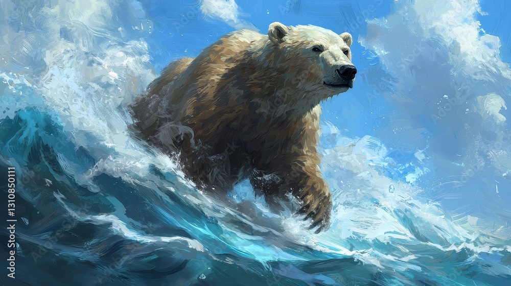 Fototapeta premium Majestic Polar Bear Surfing Through Ocean Waves Under Blue Sky
