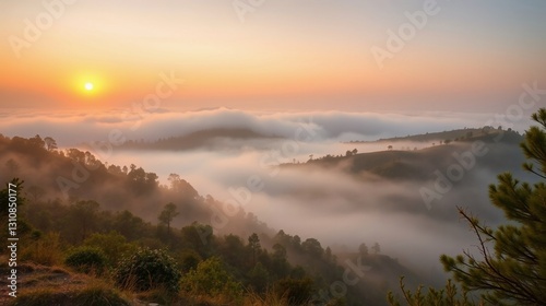Serene Sunrise Over Misty Hills and Valley at Dawn