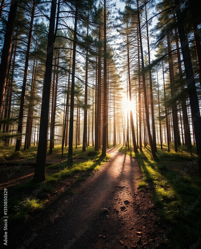Naklejka premium Serene Forest Pathway Illuminated by Golden Sunrise Through Tall Pine Trees