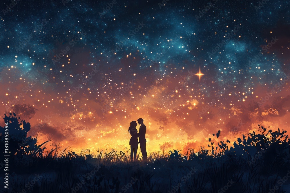 Fototapeta premium Couple embracing under a starry sky with warm glow at dusk creating a romantic and dreamy atmosphere