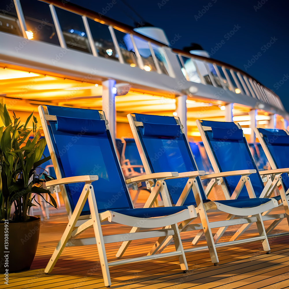 blue and white beach lounge chairs on deck luxury cruise ship for night viewing stars blue and white beach lounge chairs on deck luxury cruise ship for night viewing stars