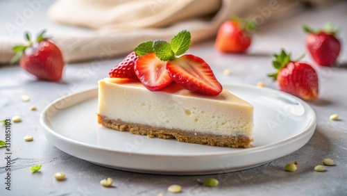 A delectable slice of creamy cheesecake, adorned with fresh strawberry slices and a sprig of mint, rests on a pristine white plate