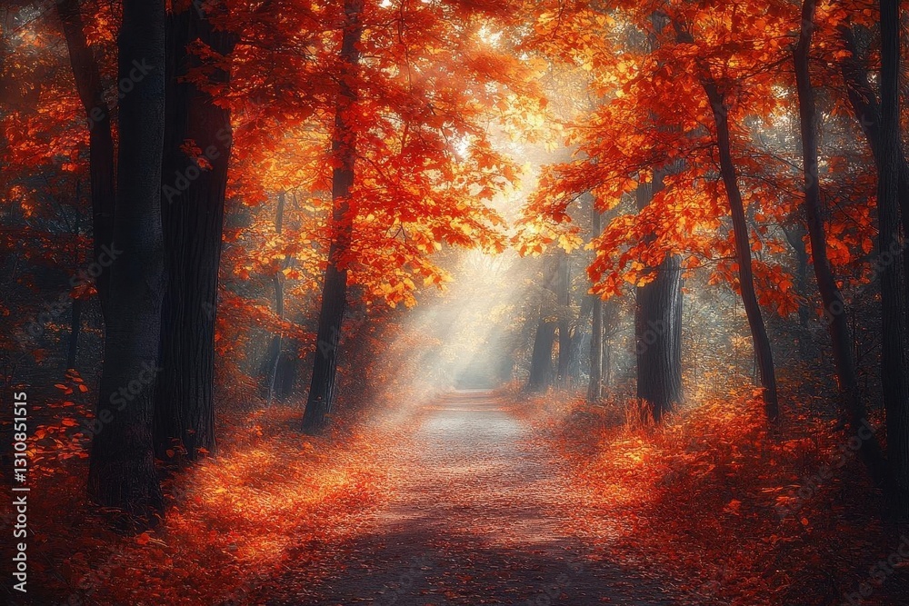 enchanted autumn forest path covered in brilliant crimson, amber and golden leaves, sunlight streaming through canopy creating magical light patterns, with misty atmosphere and rich seasonal colors enchanted autumn forest path covered in brilliant crimson, amber and golden leaves, sunlight streaming through canopy creating magical light patterns, with misty atmosphere and rich seasonal colors