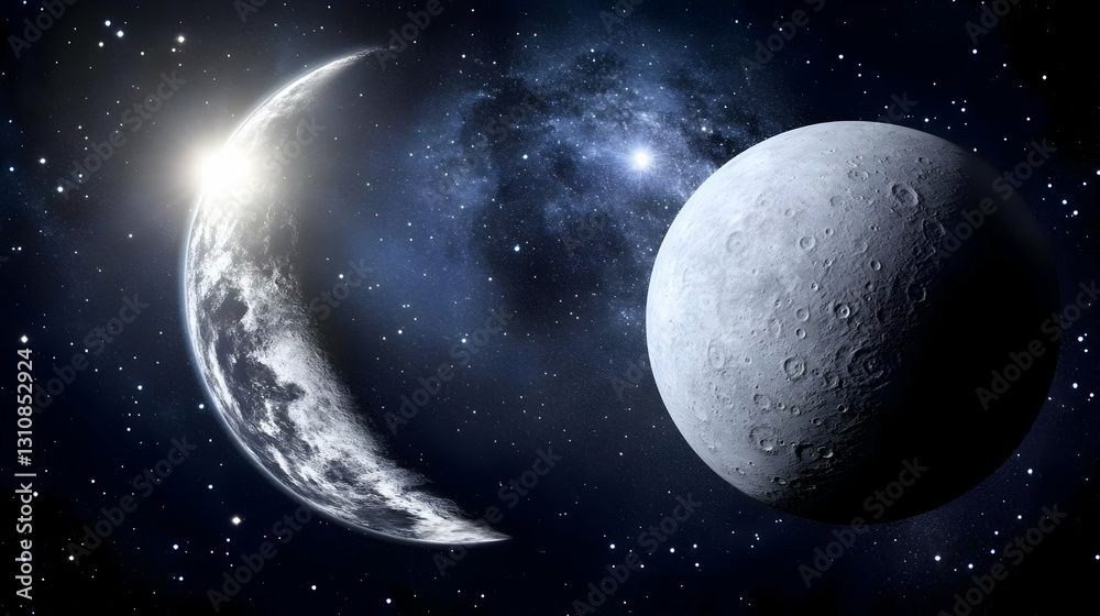 Cosmic Space Illustration Featuring Crescent Moon And Planet Cosmic Space Illustration Featuring Crescent Moon And Planet