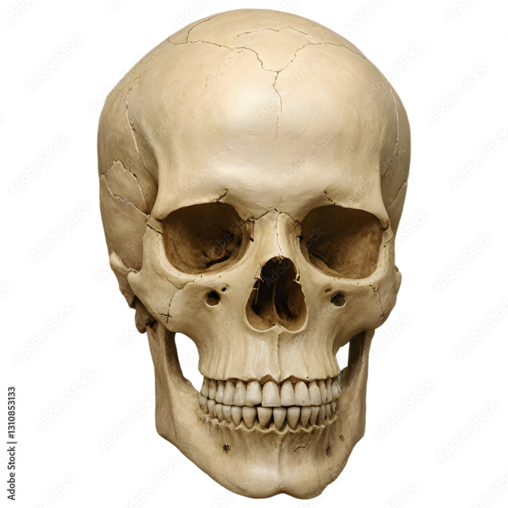 Realistic human skull with anatomical accuracy, isolated on a transparent background for design use.
Realistic human skull with anatomical accuracy, isolated on a transparent background for design use.