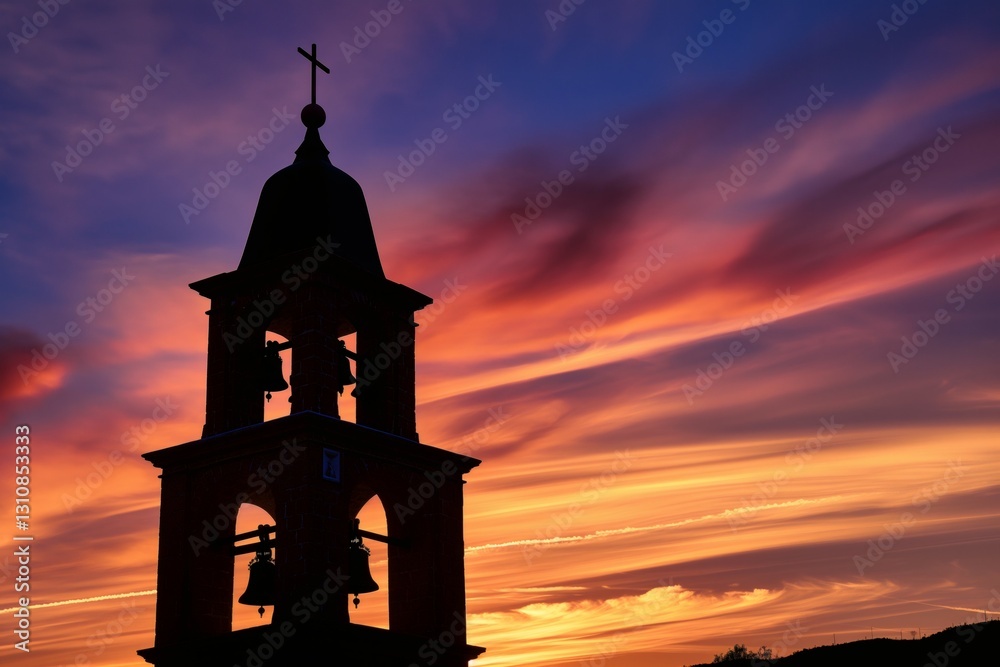 A striking silhouette of a church bell tower rises against a stunning sunset, with rich hues of orange, purple, and pink painting the sky, creating an enchanting atmosphere A striking silhouette of a church bell tower rises against a stunning sunset, with rich hues of orange, purple, and pink painting the sky, creating an enchanting atmosphere