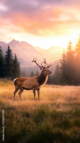 Majestic Deer in Golden Meadow at Sunset with Mountain Background