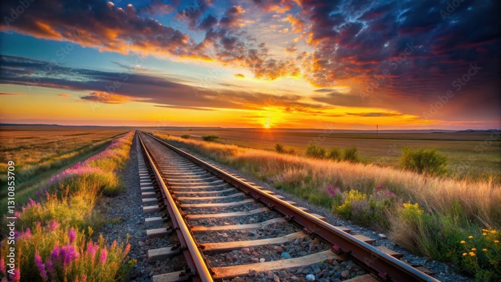 Golden Hour Railroad Tracks Extending Towards a Vibrant Sunset Over a Serene Prairie Landscape