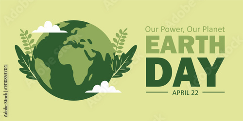 Happy Earth Day concept background vector. Green globe, leaves, cloud, eco-friendly nature. Illustration design for web, banner, campaign, and social media post.