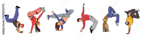 Set of Break dance Dancers. Young Men and Women in Different Movement Poses. Cool girls and boys dancing street dance, hip hop in stylish bright clothes. Korean japanese asian cartoon style vector.