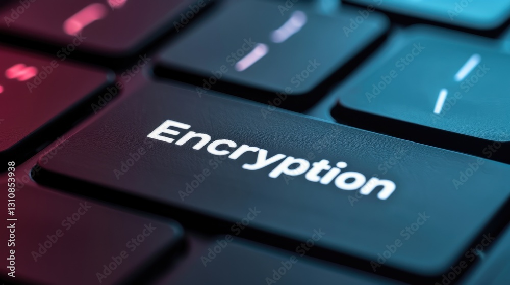 Close-up of a keyboard key labeled Encryption. Close-up of a keyboard key labeled Encryption.