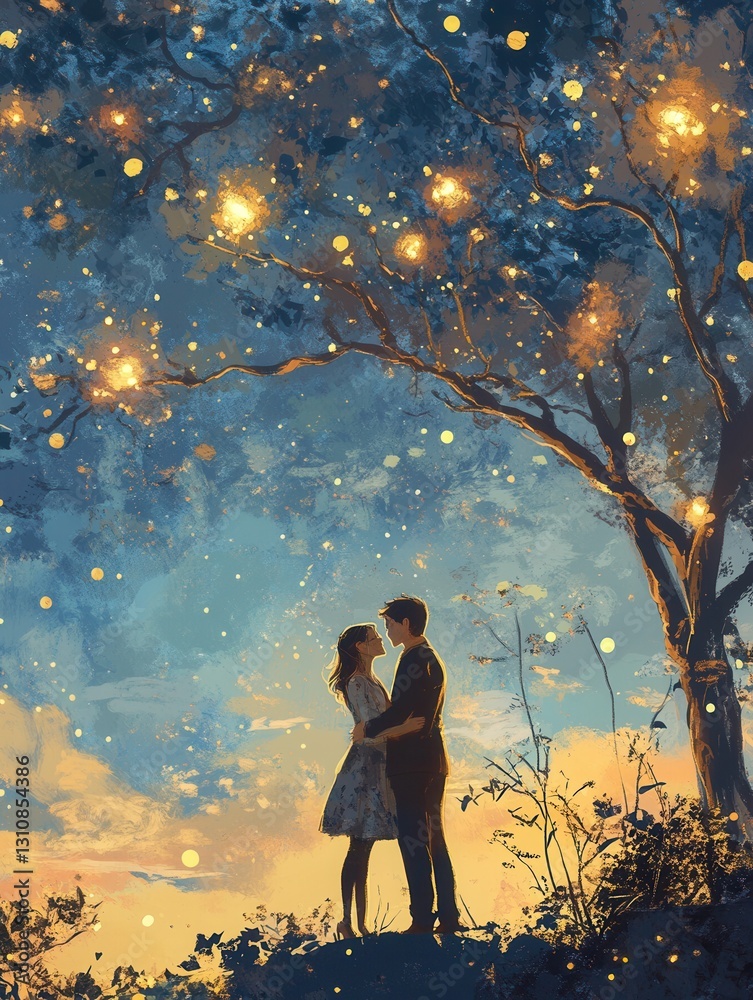 Couple embracing under a starry sky with a warm glow in a dreamy evening setting Couple embracing under a starry sky with a warm glow in a dreamy evening setting