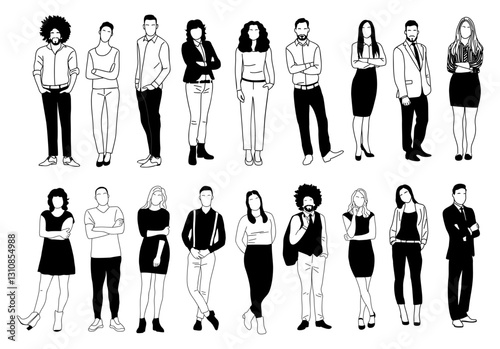 Multinational Business team members standing. Set of different men and women characters. Modern vector simple outline stylized illustrations for graphic, web design. Isolated 