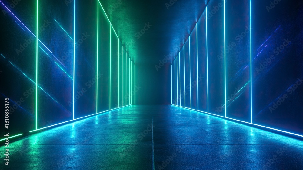 Fototapeta premium 3D rendering of blue and green neon light lines on a dark background with a floor for product presentation in an abstract style. Glowing scene with empty space. Abstract futuristic design for a show.