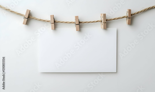 Blank White Card Hanging on Rope with Clothespins on Neutral Background