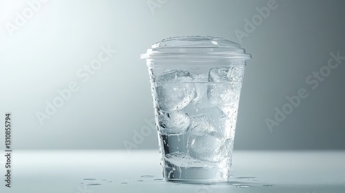 Plastic cup filled with ice water, condensation visible. Perfect for refreshment, beverage, or hydration concepts.