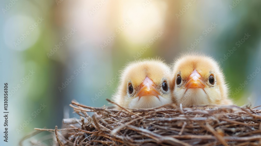 Two fluffy chicks peek out from a cozy nest, surrounded by a soft, blurred background, conveying a sense of warmth and innocence. Two fluffy chicks peek out from a cozy nest, surrounded by a soft, blurred background, conveying a sense of warmth and innocence.