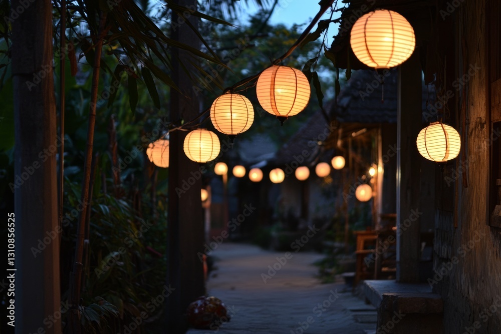 Naklejka premium A quiet alley glows with the soft light of hanging lanterns, creating a peaceful atmosphere. The distant laughter of children fades as the night deepens