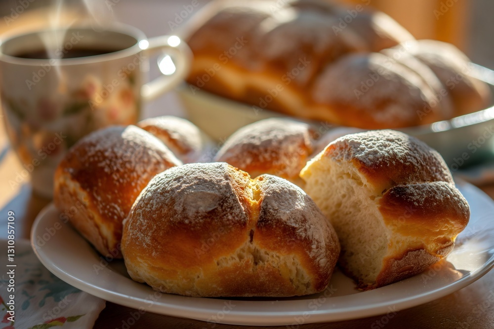 A close-up view of fluffy sweet rolls dusted with powdered sugar displayed on a plate, accompanied by a steaming cup of coffee, highlighting a cozy breakfast setting A close-up view of fluffy sweet rolls dusted with powdered sugar displayed on a plate, accompanied by a steaming cup of coffee, highlighting a cozy breakfast setting