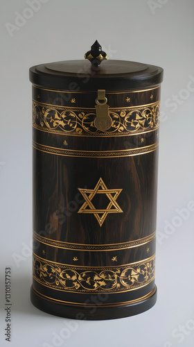 Rustic Wooden Tzedakah Box Embellished with Gold Accents - Symbol of Charitable Giving in Jewish Tradition photo