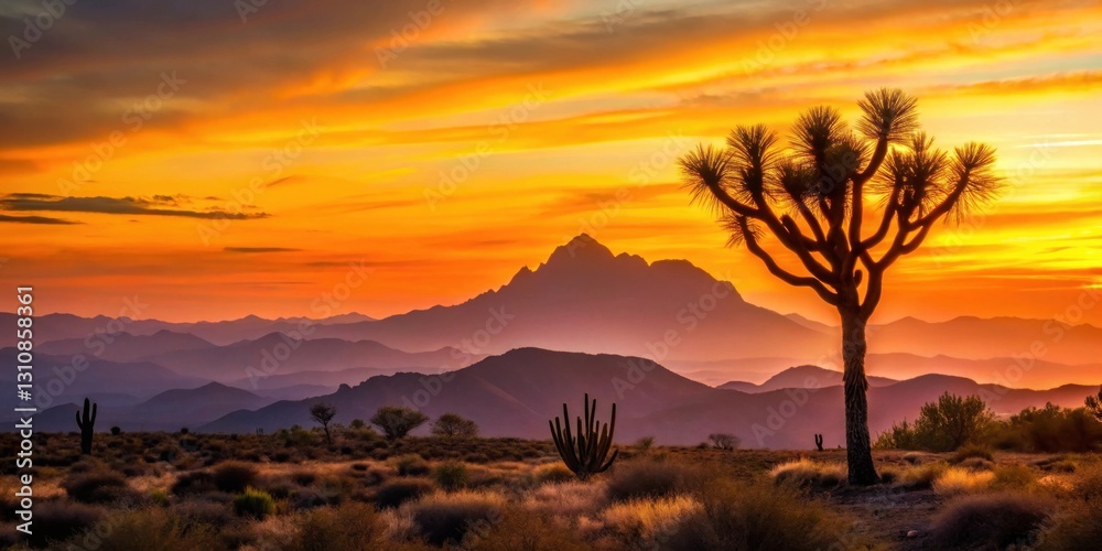 Obraz premium A majestic sunset illuminates the desert landscape, casting a golden hue upon the distant mountain range, silhouetting a solitary yucca tree and other desert flora against the vibrant sky.