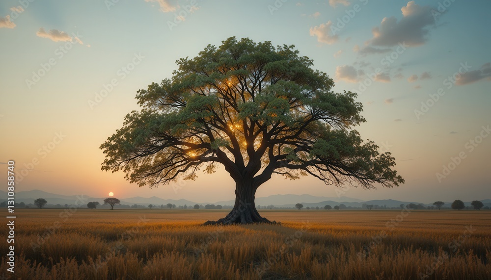 Obraz premium Majestic Tree in Golden Field at Sunset Serene Nature Landscape