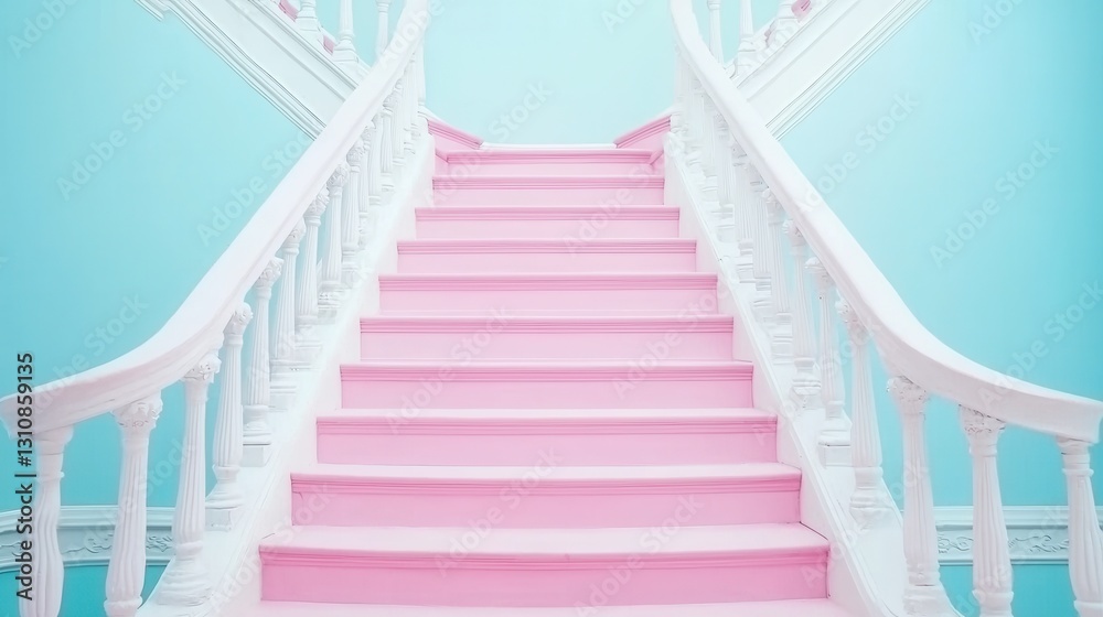 Fototapeta premium Elegant Pink Staircase with White Railing Against Light Blue Wall