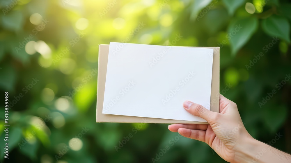 Minimalist Blank Brochure in Hand Against Soft-Focus Greenery – Generative AI