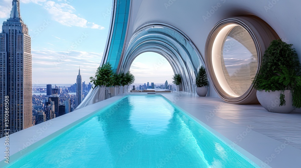 Obraz premium Modern Architectural Interior with Infinity Pool and City View