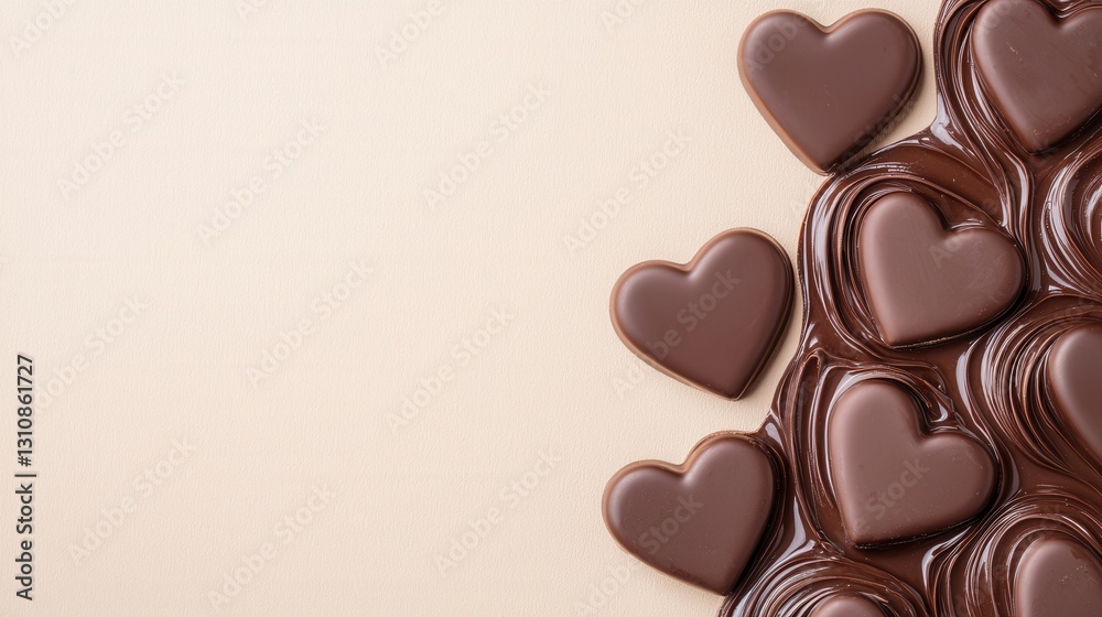 Chocolate Hearts on Cream Background with Liquid Chocolate Spread Chocolate Hearts on Cream Background with Liquid Chocolate Spread