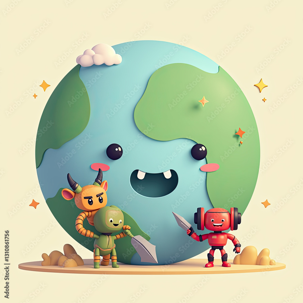 Naklejka premium Cute Robots Protecting Happy Earth 3D - - Kawaii/Cute characters