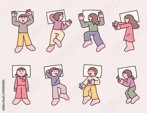 Cute illustration of different sleeping positions, showing various ways people rest in bed. Cozy and relaxing atmosphere.
