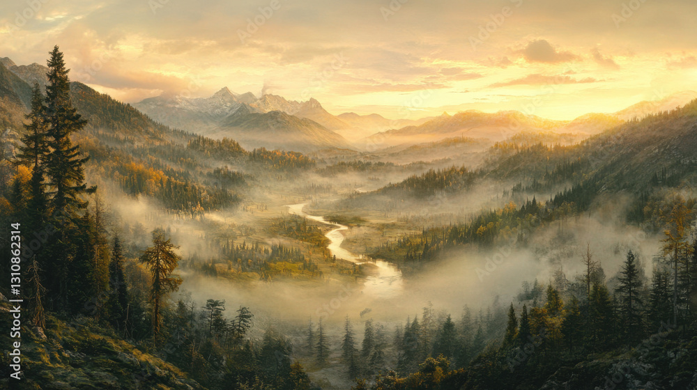 Obraz premium Serene Mountain Valley at Sunrise with Mist and River Flowing