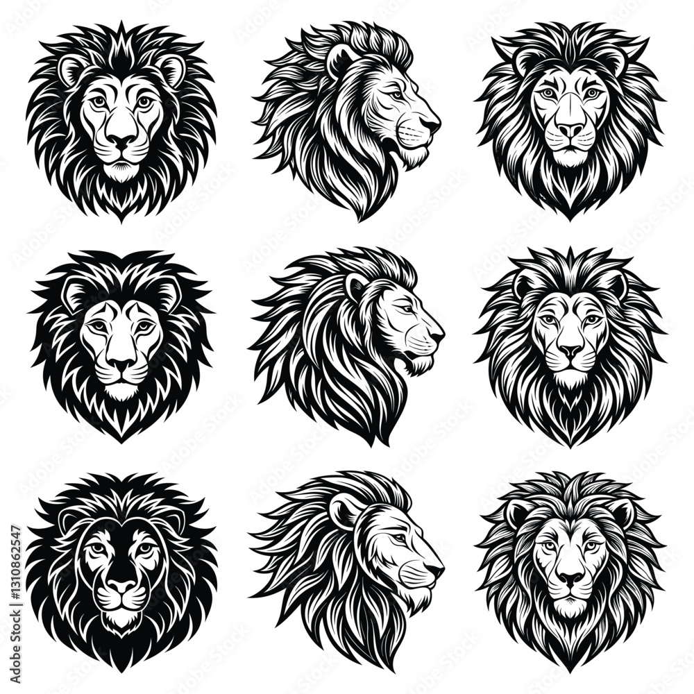 Fototapeta premium Lion head profile and front view illustrations with flowing mane silhouette isolated on white background